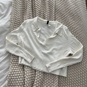 Cream ribbed knit collar long sleeve crop top